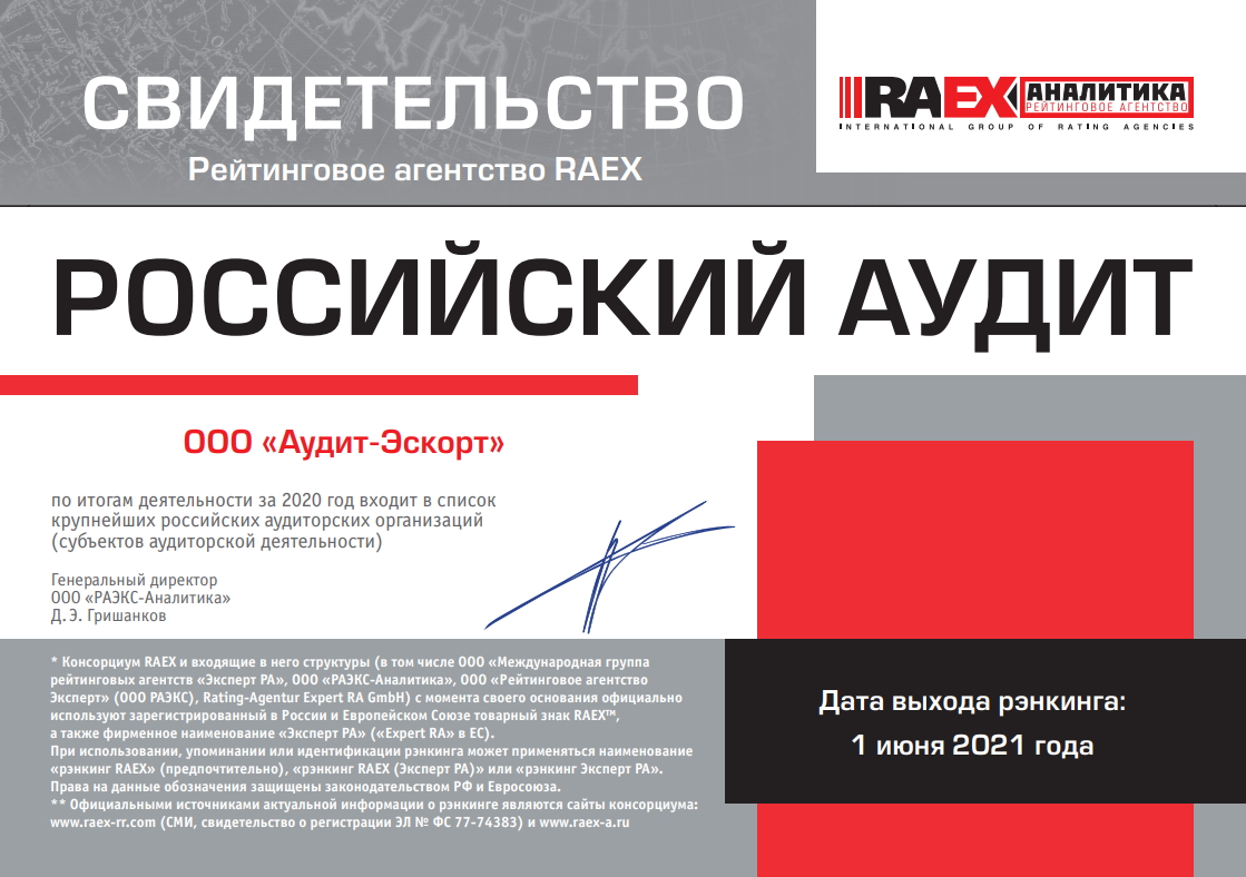 Свидетельство Агентства RAEX 2020 (РАЭКС Аналитика)