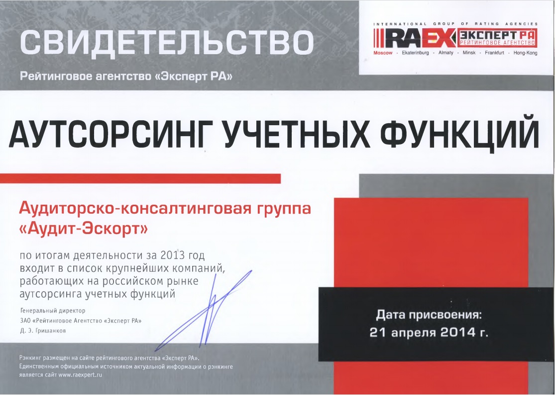 Свидетельство Агентства RAEX 2013 (РАЭКС Аналитика)